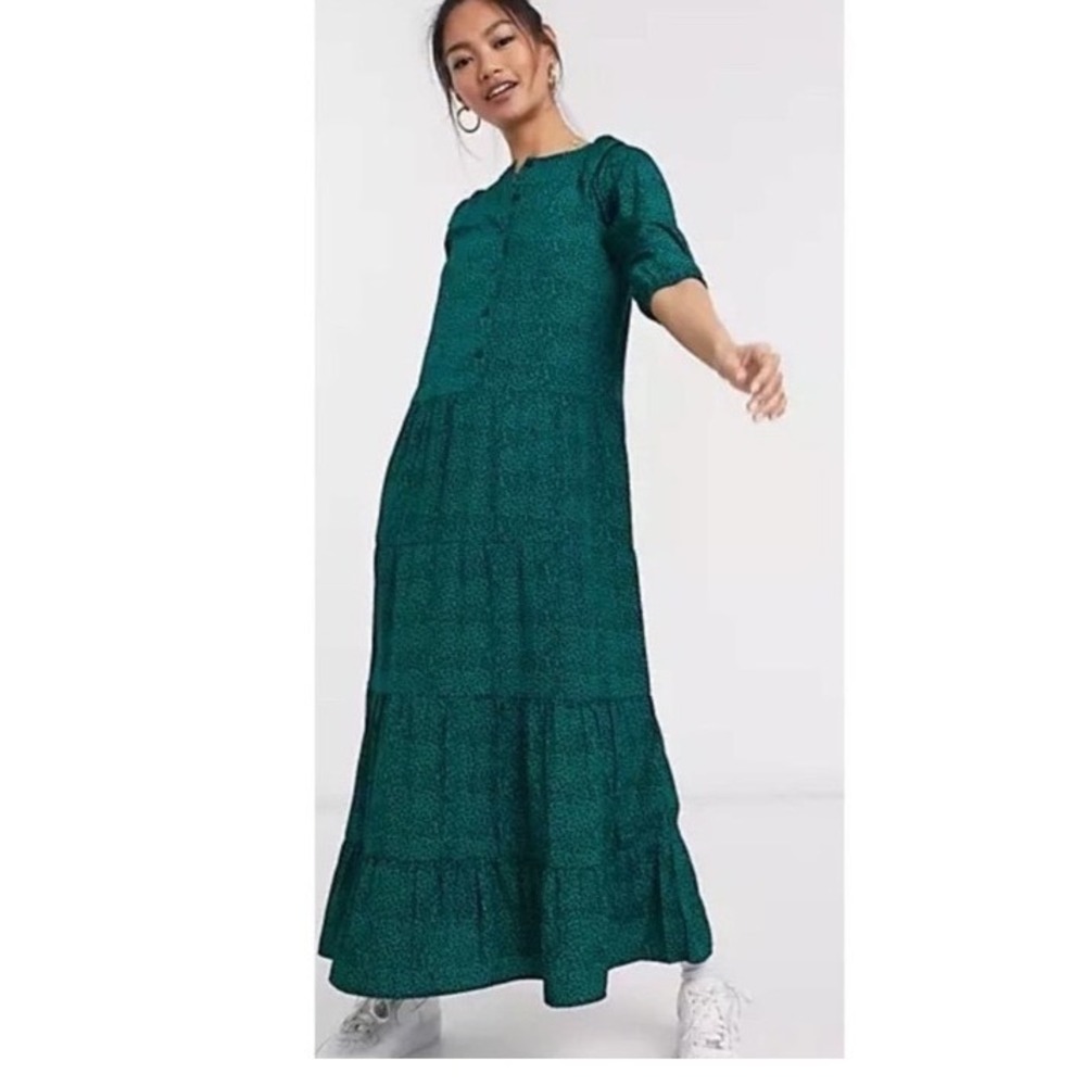 Wednesday's Girl Teal Green Leopard Print Tiered Maxi Dress XXS‎ Button Up